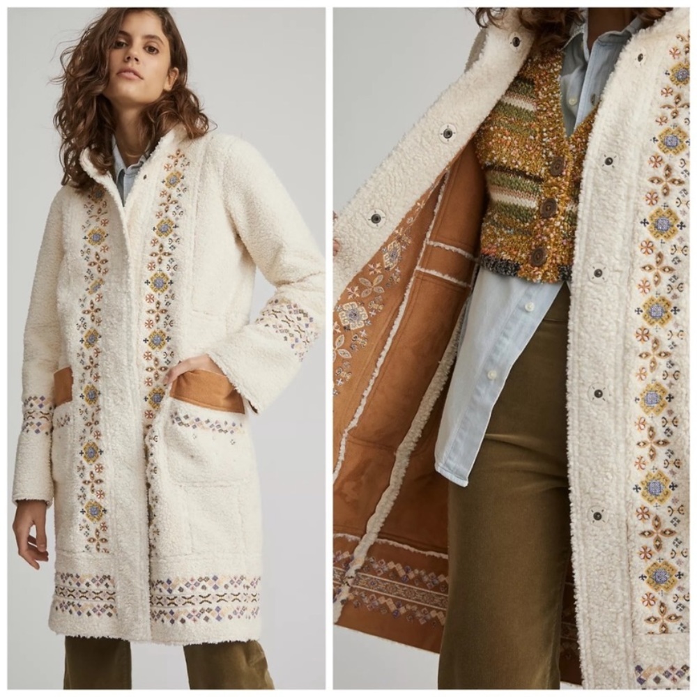 NWT $348 Anthropologie Maeve Embroidered Sherpa Coat Size 12